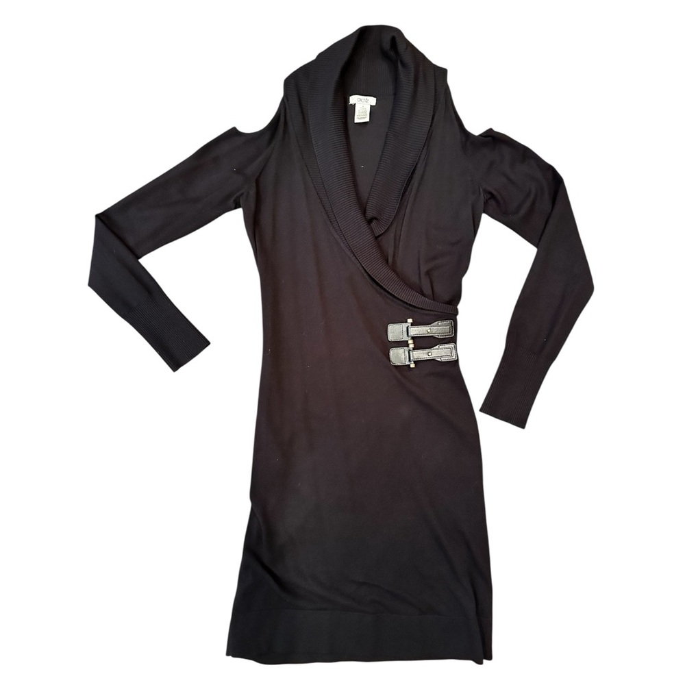 Cache Black Cold Shoulder Buckle Sweater Dress Size M